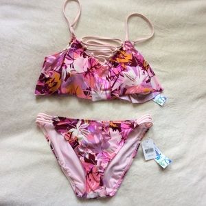 New pink floral 2 pc ruffle bikini swimsuit L